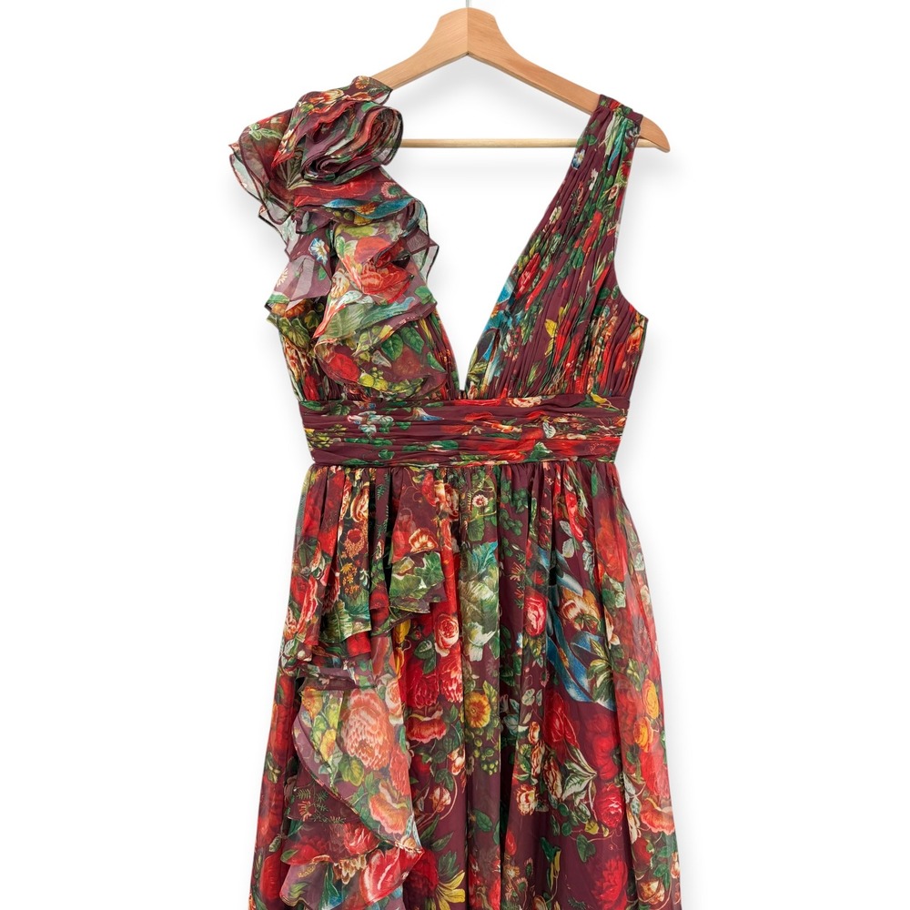 Mac Duggal Wine Sleeveless V-Neck Floral Chiffon Ruffle Ball Gown - Size 6 - Picture 7 of 14